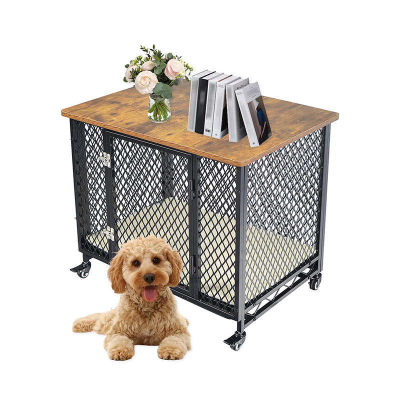 Gaya perabot sangkar anjing kayu besar dengan roda & kusyen Gaya perabot sangkar anjing kayu besar dengan roda & kusyen