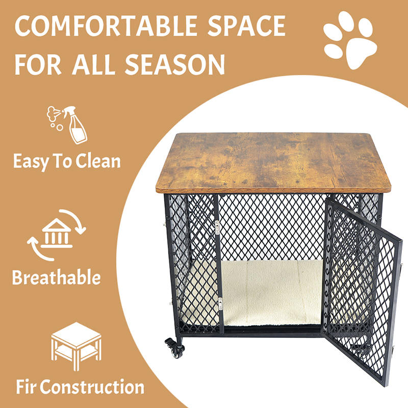 Gaya perabot sangkar anjing kayu besar dengan roda & kusyen Gaya perabot sangkar anjing kayu besar dengan roda & kusyen