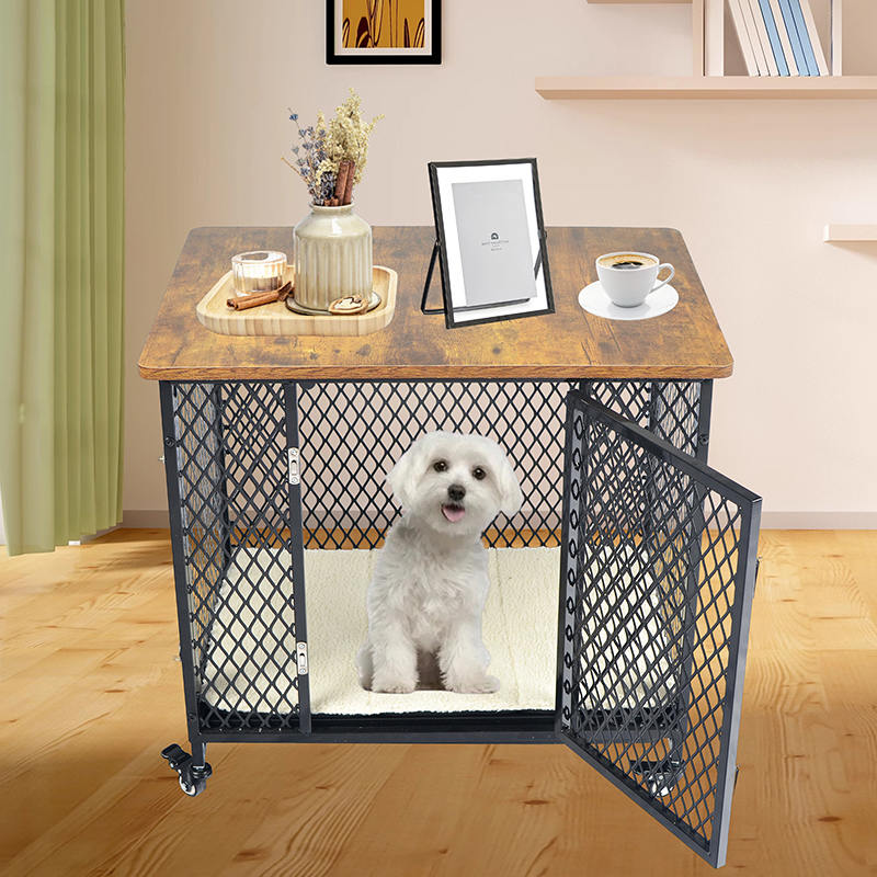 Gaya perabot sangkar anjing kayu besar dengan roda & kusyen Gaya perabot sangkar anjing kayu besar dengan roda & kusyen