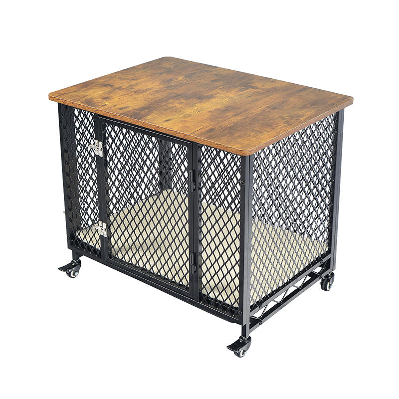 Gaya perabot sangkar anjing kayu besar dengan roda & kusyen Gaya perabot sangkar anjing kayu besar dengan roda & kusyen