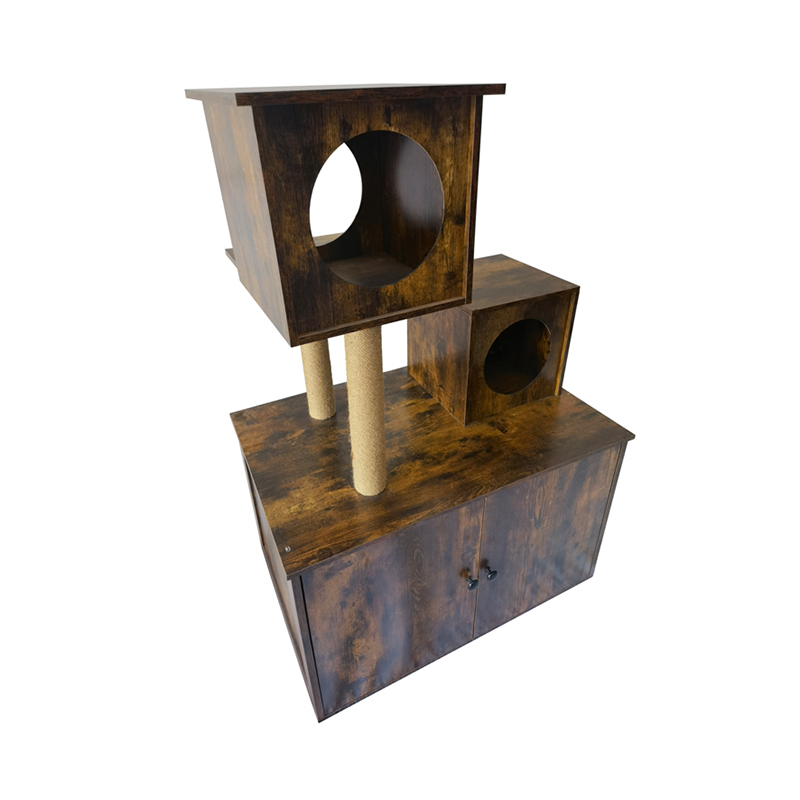 Menara Kucing Rumah Kayu Menara Kucing Dalaman Bingkai Pohon Dengan Kotak Sampah